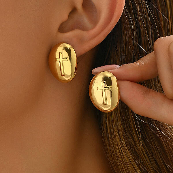 Stainless Steel Classic Oval with Cross Stud Earrings