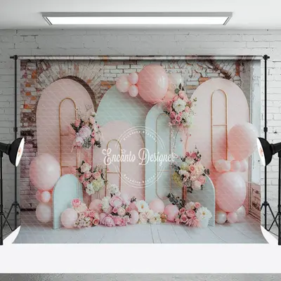 Brick Wall Pink White Floral Cake Smash Backdrop - Aperturee