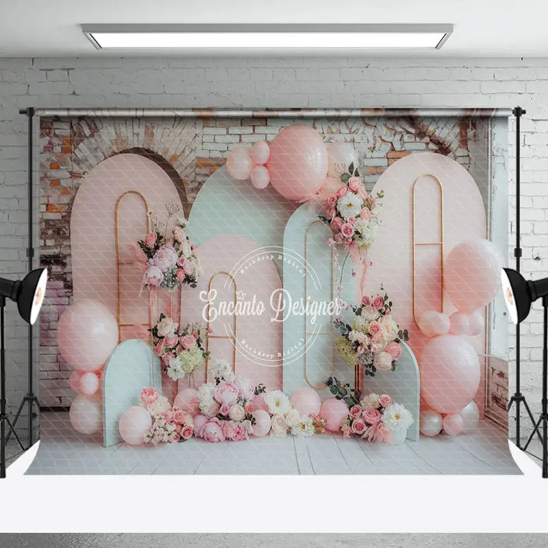Brick Wall Pink White Floral Cake Smash Backdrop - Aperturee