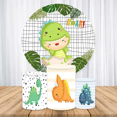 Aperturee Dinosaur Green Leaf Round Birthday Backdrop Kit | Round Party Backdrop | Birthday Round Backdrop Cover | Happy Birt...