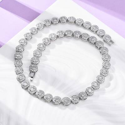 Brass Pave Clear Cubic Zirconia Flat Round Link Chain Necklaces for Women
