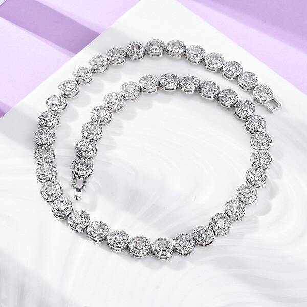 Brass Pave Clear Cubic Zirconia Flat Round Link Chain Necklaces for Women