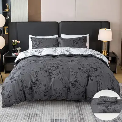 Colorblock Floral Print Duvet Cover Set, 3 Counts Including 1 Count Duvet Cover & 2 Counts Pillowcase without Filler, Bedding...