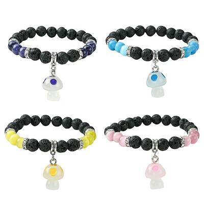Natural Lava Rock & Cat Eye Round Beaded Stretch Bracelet with Resin Mushroom Charms