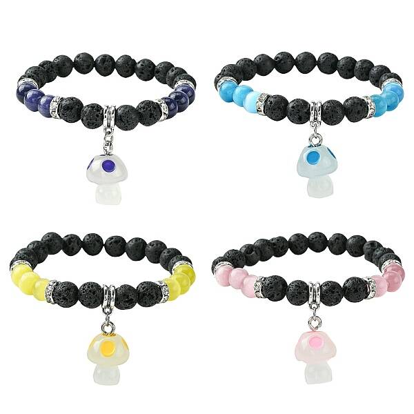 Natural Lava Rock & Cat Eye Round Beaded Stretch Bracelet with Resin Mushroom Charms