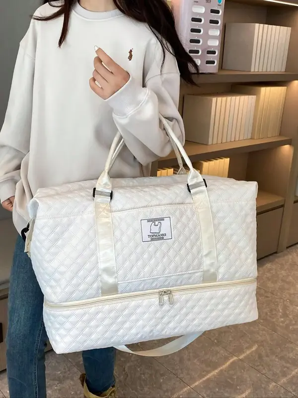 Unisex Sporty Quilted Design Solid Color Travel Bag, Casual Large Capacity Crossbody Bag, Trendy Carry on Weekender Bag for T...