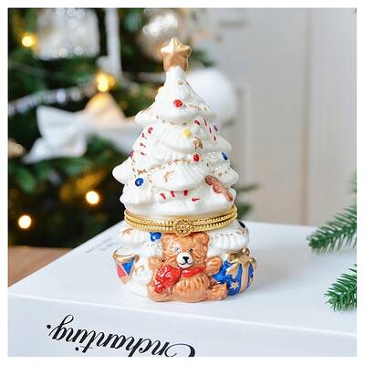 Porcelain Christmas Tree Decorative Hinged Jewelry Trinket Box