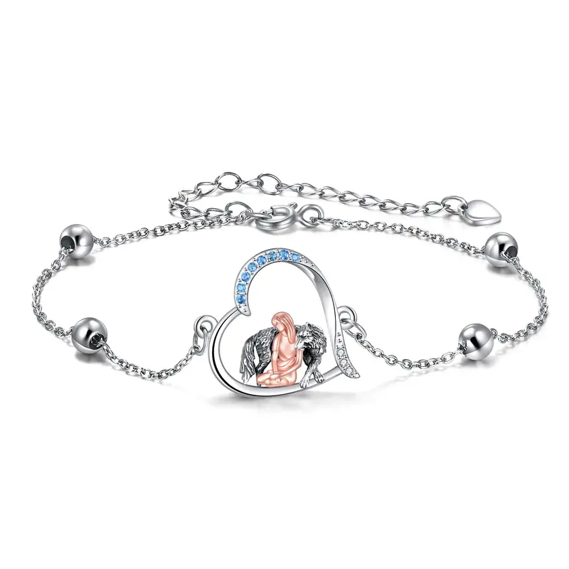 Sterling Silver Two-tone Round Zircon Wolf & Heart Charm Bracelet