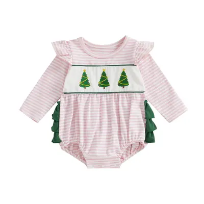 Newborn Baby Girls Christmas Clothes Ruffle Long Sleeve Christmas Tree Embroidery Stripe Romper Infant Winter Outfit