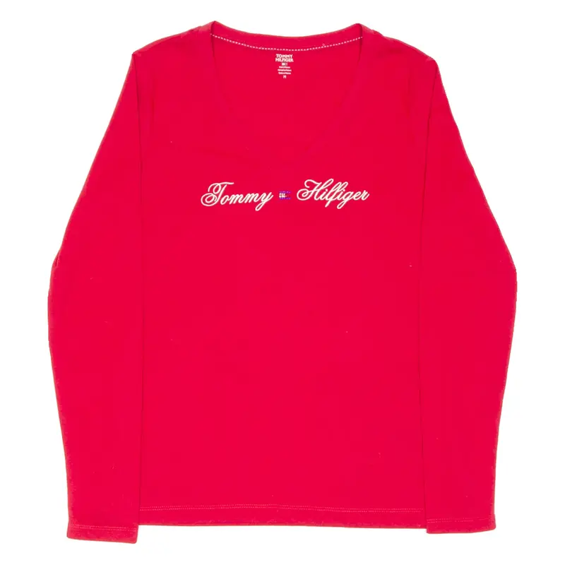 TOMMY HILFIGER Womens T-Shirt Red Long Sleeve V-Neck M