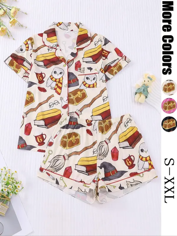 Women's All Over Print Short Sleeve Shirt & Elastic Waist Shorts Pyjama Two-piece Set, Casual Comfy Lapel Neck Top & Shorts ...