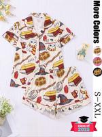 Women's All Over Print Short Sleeve Shirt & Shorts Pyjama Two-piece Set, Casual Comfy Top & Shorts Pj Set, Ladies Pajamas for...