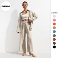 KatchMe Women's Minimalist Solid Color Long Sleeve Button-Up Blouse & Wide Leg Trousers Co-ord, Basic Soft 2 Piece Co-ord Set...