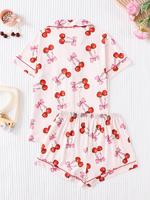Women's All Over Cherry Print Button Front Shirt & Shorts Pyjama Set, Comfort Two-piece Pj Set for Homewear, Women's Sleepwea...
