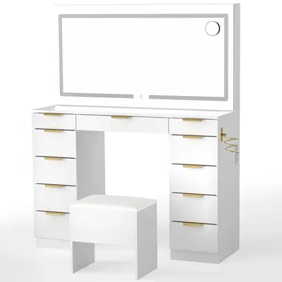 Makeup Vanity with Mirror and Drawers Vanity Desk Set with 3 Modes Adjustable Brightness Lights and USB Power Outlet
