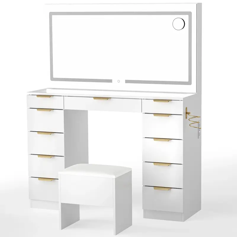 Makeup Vanity with Mirror and Drawers Vanity Desk Set with 3 Modes Adjustable Brightness Lights and USB Power Outlet
