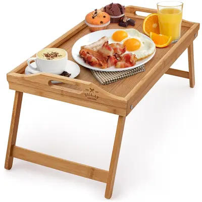 Zulay Bamboo Breakfast in Bed Tray with Folding Legs - Serving Tray with Handles, Laptop Desk, Snack Tray, Foldable Bed Table