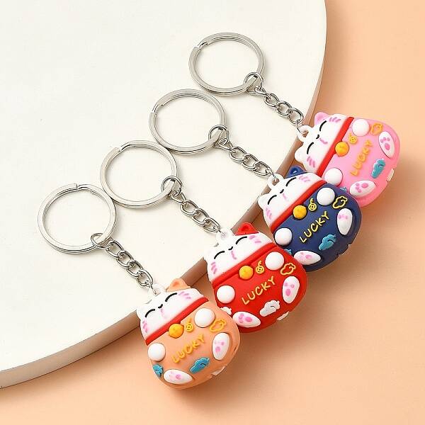 4Pcs PVC Cartoon Lucky Cat Doll Pendant Keychain