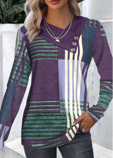 Modlily Patchwork Geometric Print Long Sleeve Asymmetrical Neck T Shirt - L