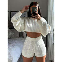Women'S Solid Drop Shoulder Crop Sweater & High Waist Shorts Set, Fall Outfits, Soft Comfort Womenswear for Lady, Casual Fash...