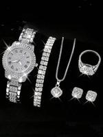 Women's Elegant Fashion Watch & Luxury Jewelry Set, Fashion Round Dial Wristwatch & Rhinestone Decorated Ring & Pendant Nec...