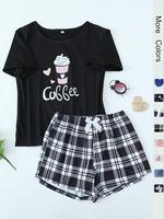 Two-piece Set Women's Cartoon & Plaid Print Bow Decor Pyjama Set, Casual Soft T-shirt & Elastic Waist Shorts Loungewear Set, ...