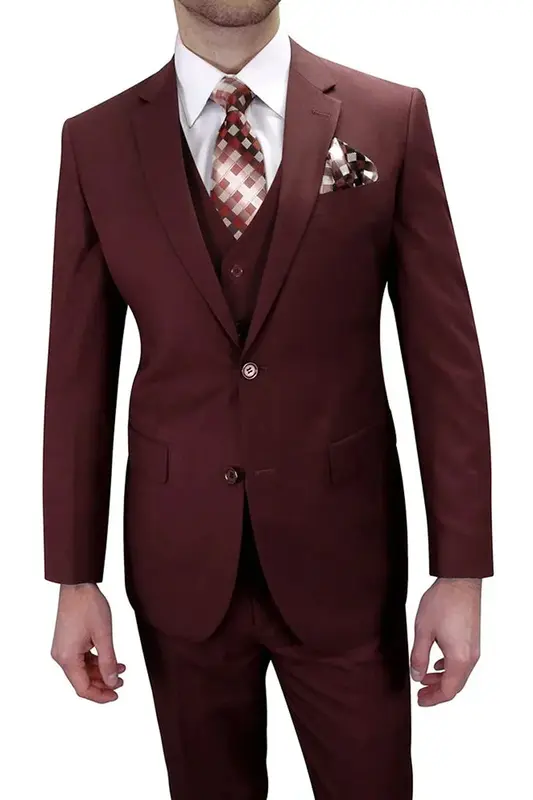 Burgundy Men's Classic Fit Two-Button Vested Suit