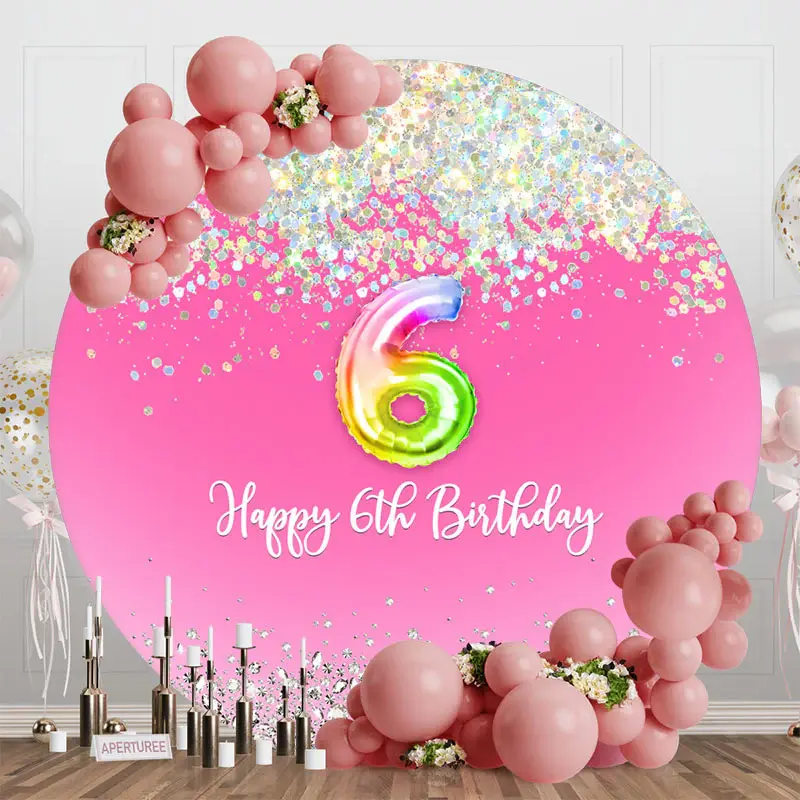 Spark Sequin Pink Round Happy 6th Birthday Backdrop - Aperturee