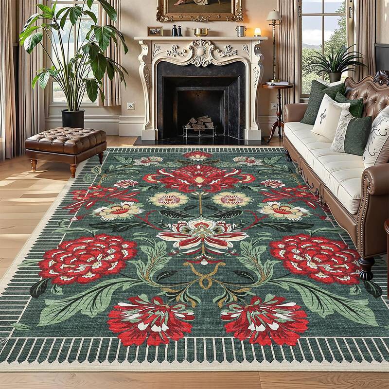 Garvee Indoor Washable Low Pile Area Rug Grey Green Modern Printed Soft Non-Slip Foldable Portable Living Room Bedroom