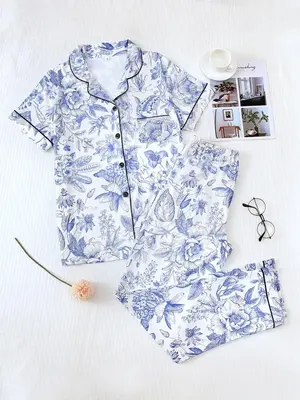 2 Counts Women's Plants Print Pyjama Set, Chic Pocket Button Sleep Shirt & Elastic Waist Pants, Sleepwear Homewear Co-ord Se...