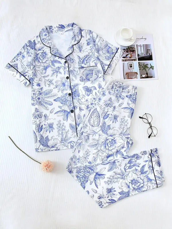2 Counts Women's Plants Print Pyjama Set, Chic Pocket Button Sleep Shirt & Elastic Waist Pants, Sleepwear Homewear Co-ord Se...