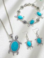 Women's Boho Style Turquoise Texture Turtle Design Jewelry Set Including Necklace & Bracelet & Dangle Earrings, Vintage Trend...