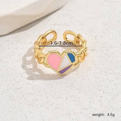 Exquisite Sweet Brass Enamel Colorblock Heart Cuff Ring for Women Daily Party Wear