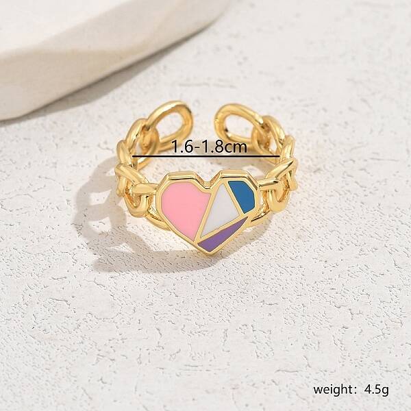 Exquisite Sweet Brass Enamel Colorblock Heart Cuff Ring for Women Daily Party Wear