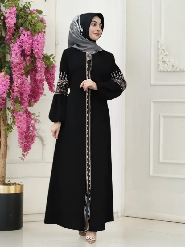 Conservative Arabic Women's Fashion Long Sleeve Round Neck Zipper Dress, Modest Muslim Clothing, Elegant Abaya Style, Perfect...