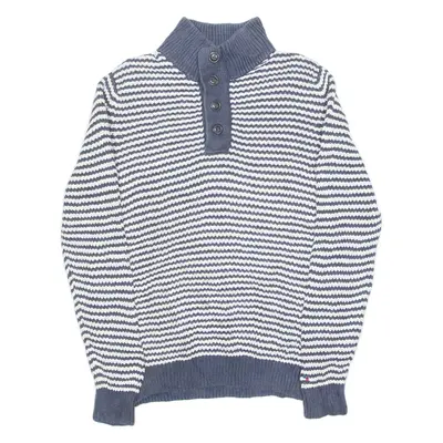 TOMMY HILFIGER Mens Patterned Jumper Blue Striped Button Neck Tight Knit M