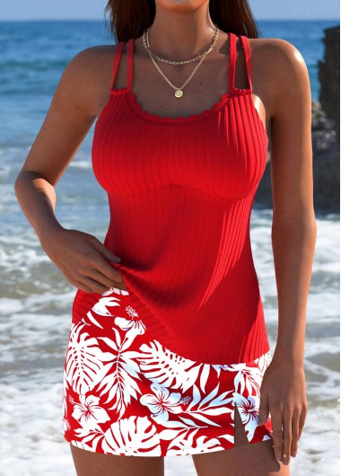 Modlily Mid Waisted Tropical Plants Print Red Tankini Set - M