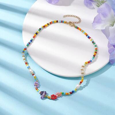 Flower Glass Seed & Pearl Beaded Necklaces