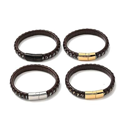 Leather & 304 Stainless Steel Rope Braided Cord Bracelet with Magnetic Clasp for Men Women
