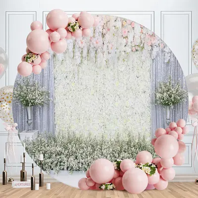 Aperturee White Wall Floral Wooden Round Backdrop For Wedding