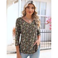 【IECCP】 WOMEN'S V neck t shirts 3/4 sleeve blouse summer tops dredging casual solid basic tees pleated blouse Womenswear