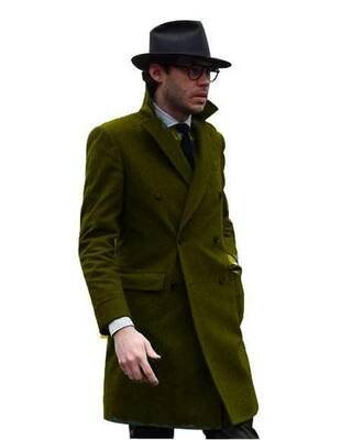 Double Breasted - Three Quarter Coat - Cashmere And Wool Topcoat + Style# Manhattan Dark Olive