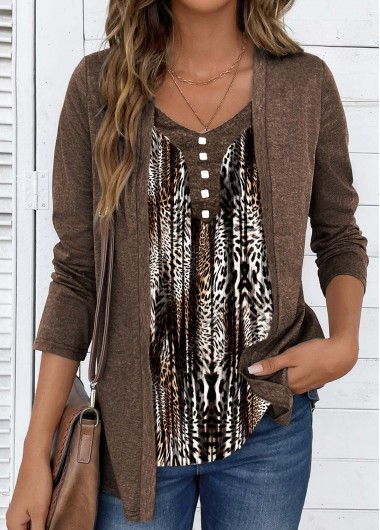 Modlily Dark Coffee Fake 2in1 Leopard Long Sleeve T Shirt - M