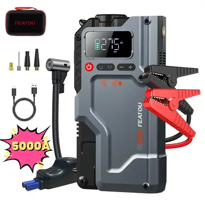 Featou 5000A Jump Starter with Air Compressor, 150PSI Tire Inflator, Portable 12V Jump Box with LCD Display, Flashlight & Sto...
