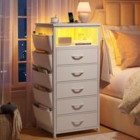 【dealsforyoudays】Raybee Nightstand with LED & Charging Station，Set of 2 Side Table with 5 Dresser Drawers, Tall LED Nig...