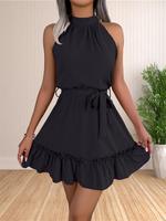 Women's Plain Cut Out Belted Ruched Frill Trim Halter Dress, Casual Ruffle Hem Sleeveless A Line Dress for Summer, Fashion Wo...