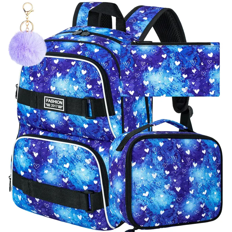 17 Inches Girls Backpack, 3Pcs Love Laptop Backpacks with Lunch Bag, Water Resistant College School Bookbag Set for Teens Stu...