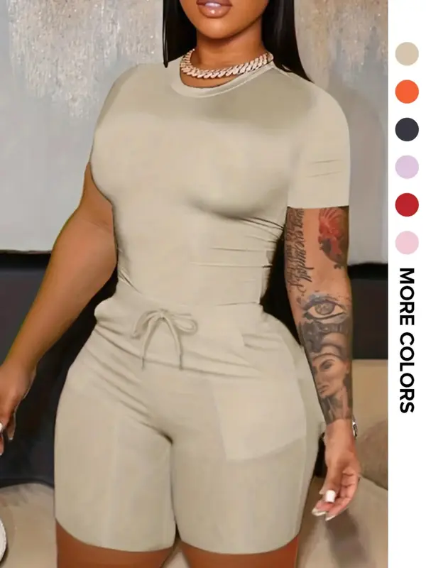 Two-Piece Set Women's Solid Pocket Shorts Two-piece Set, Casual Round Neck Tee & Drawstring Shorts, Summer Clothes Women, Ou...