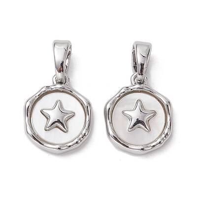 Rack Plating Brass Pave Shell Flat Round Charms with Star