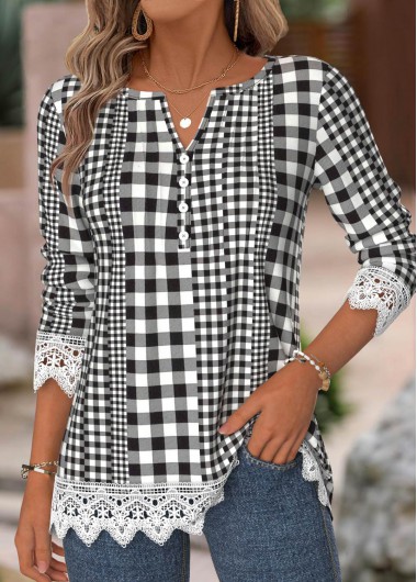 Modlily Black Gingham Print Long Sleeve Split Neck T Shirt - XL